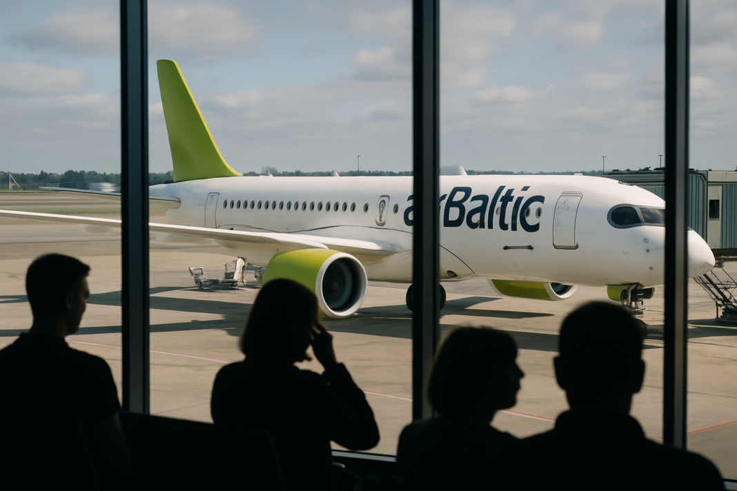 Pohľad z terminálu cez sklo na lietadlo airBaltic Airbus A220-300 pri nástupnom mostíku, v popredí siluety čakajúcich cestujúcich