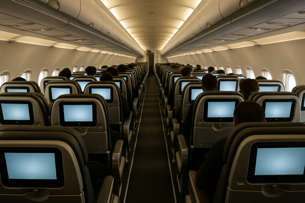 Prečo American Airlines vracia obrazovky v sedadlách Pohľad uličkou úzkotrupého lietadla na rady sedadiel s rozsvietenými obrazovkami v operadlách, v popredí priestrannejšie prémiové sedadlá, cestujúci viditeľní len ako siluety zozadu