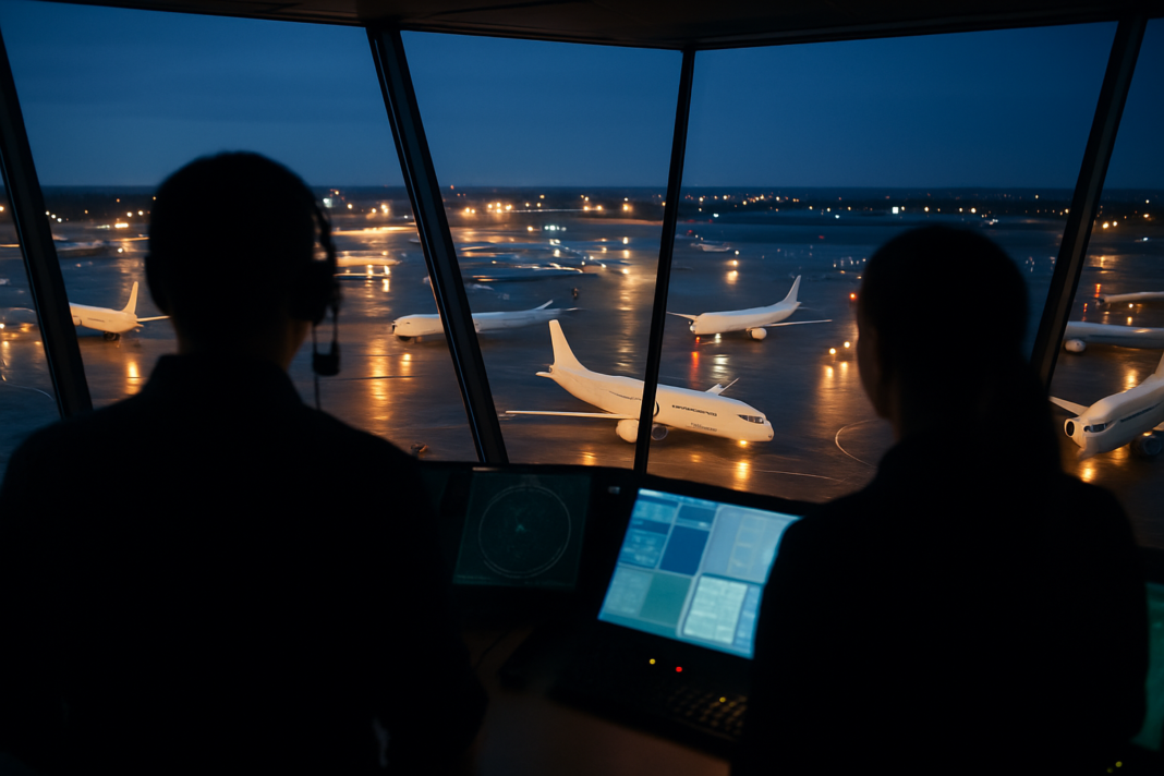 Eurocontrol: meškania letov v Európe klesli v rekordnom lete 2026 Pohľad z riadiacej veže letiska cez šikmé sklo na rušnú odbavovaciu plochu počas modrej hodiny, v popredí tmavé siluety dvoch riadiacich letovej prevádzky.