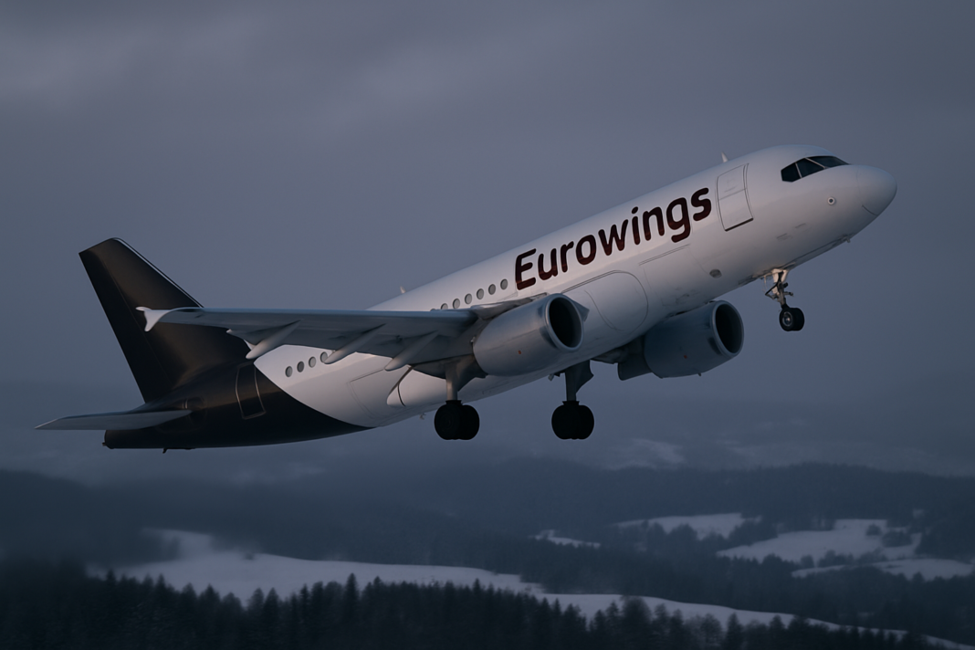 Prečo Eurowings otvára linku z Prahy do fínskeho Laponska Lietadlo Eurowings Airbus A320 stúpa po štarte do večerného zimného neba nad zasneženou krajinou