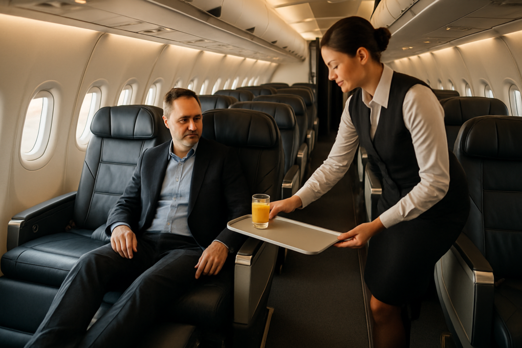 Interiér kabíny Airbus A320neo s novými sedadlami biznis triedy v usporiadaní 2x2, letuška podáva uvítací nápoj cestujúcemu.
