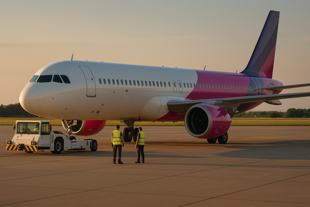 Letisko Bratislava má rekord: v júli takmer 620-tisíc cestujúcich Lietadlo Airbus A321neo v ružovo-fialovej livrei pri push-backu s ťahačom na odbavovacej ploche počas zlatej hodiny, dvaja pracovníci ground crew v reflexných vestách — bočný záber z plochy, bez nápisov.