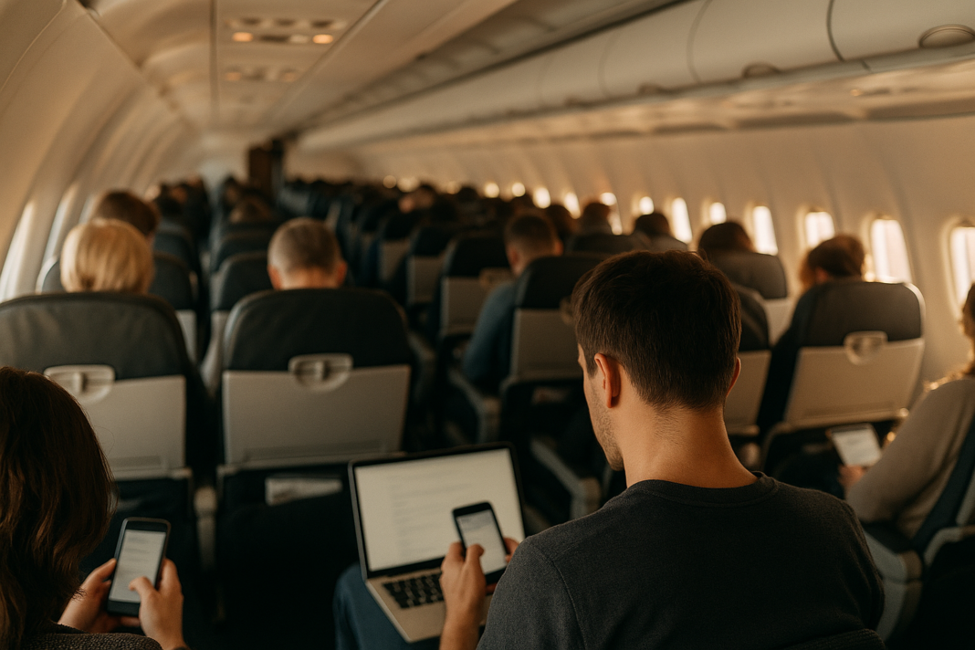 Lufthansa zapína Starlink: rýchle wi-fi v lietadle bude zadarmo Cestujúci v kabíne lietadla počas letu pracuje na notebooku a smartfóne, pohľad ponad rameno do uličky, denné svetlo z okien