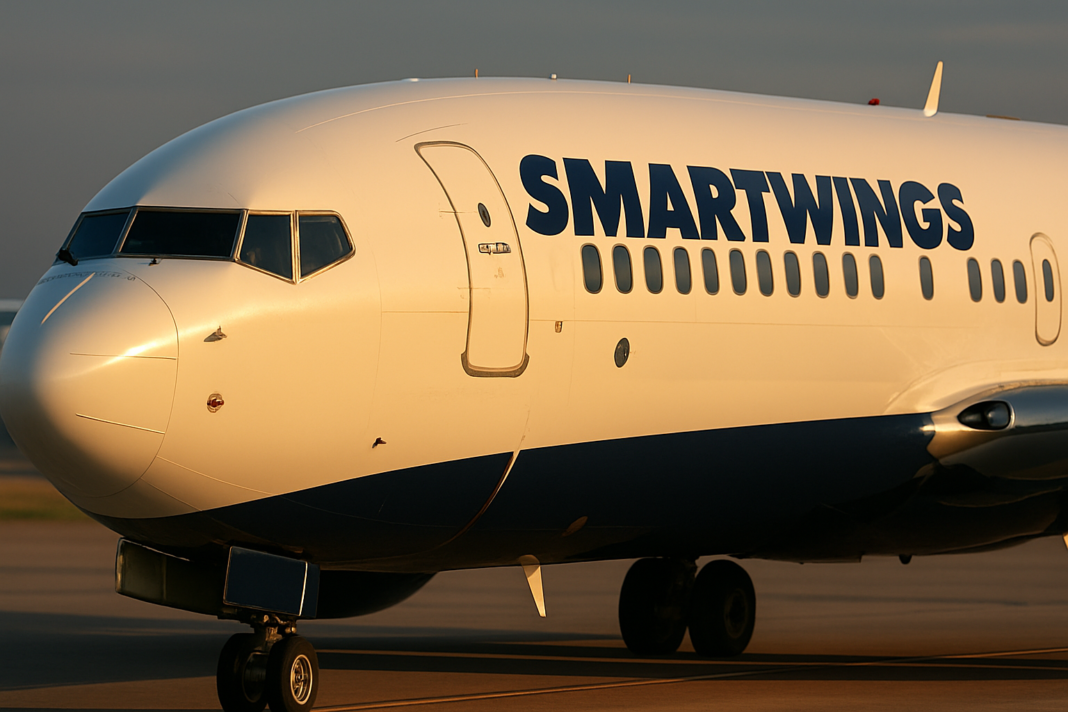 Detail prednej časti lietadla Boeing 737 spoločnosti Smartwings s veľkým nápisom na trupe, večerné svetlo na letiskovej ploche