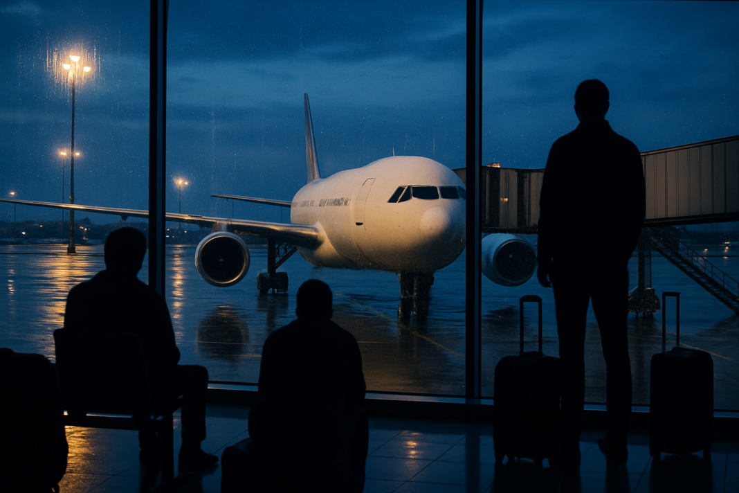 Deväť dní na Barbadose: hotel platí aerolinka bez ohľadu na príčinu Siluety cestujúcich s batožinou v odletovej hale za presklenou stenou, za ktorou v daždi stojí širokotrupé lietadlo pri nástupnom moste