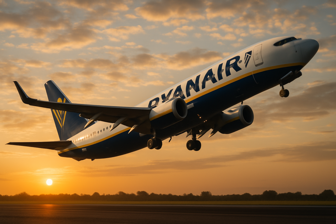 Boeing 737 spoločnosti Ryanair strmo stúpa do rannej oblohy po štarte, záber z nízkeho žabieho uhla od dráhy za svitania.