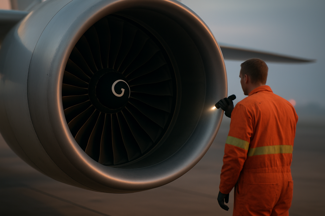 Ryanair: prasknutá lopatka motora nad Solúnom zranila cestujúceho Detailný záber na lopatky ventilátora motora dopravného lietadla z nízkeho uhla, technik s baterkou pri rannej prehliadke na odbavovacej ploche, bez log a nápisov.