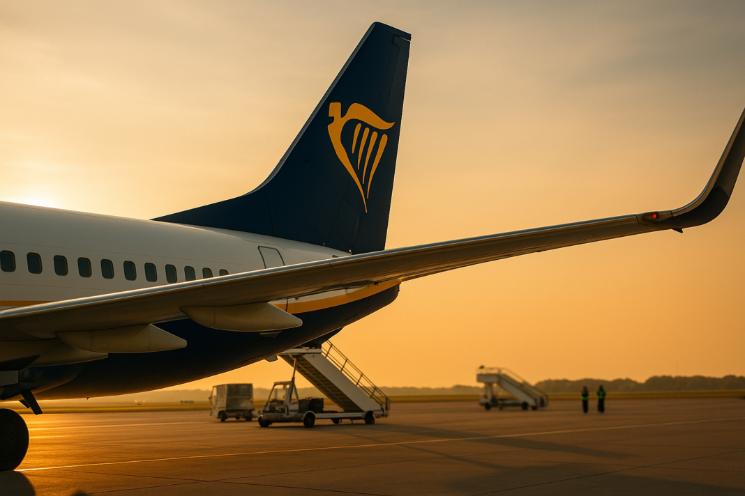 Ryanair kráti zimné lety, dôvodom je drahé palivo Pohľad spoza krídla na tmavomodrý chvost lietadla Ryanair so žltým znakom harfy na ploche regionálneho letiska v zlatom svetle.