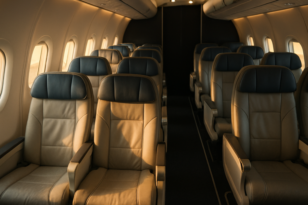 Business class Smartwings: nové sedadlá, let zatiaľ len z Prahy Interiér prednej kabíny úzkotrupého lietadla so svetlosivými koženými kreslami v usporiadaní 2-2 a modrými podhlavníkmi, pohľad uličkou v rannom slnečnom svetle.