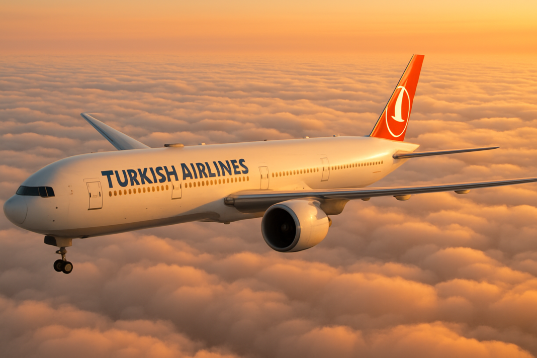 Turkish Airlines: najdlhší let v histórii trval 16,5 hodiny Boeing 777-300ER spoločnosti Turkish Airlines letiaci nad oblakmi pri východe slnka, záber vzduch-vzduch z bočného nadhľadu