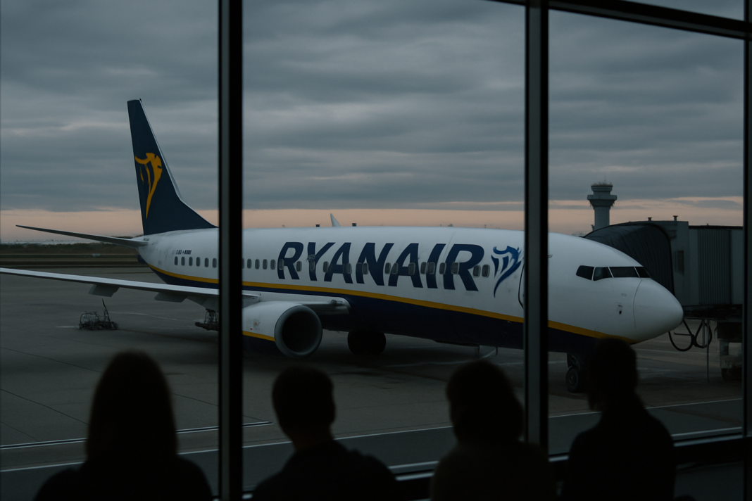 Lietadlo Ryanair na odbavovacej ploche letiska s riadiacou vežou v pozadí, pohľad cez sklo terminálu za súmraku, ilustračná fotografia.