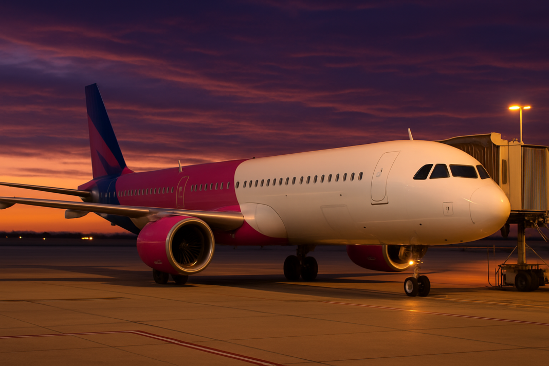 Wizz Air škrtá A321XLR zo 47 na 11: koniec diaľkových liniek? Airbus A321neo vo farbách Wizz Air stojí pri nástupnom moste za súmraku, záber z odbavovacej plochy