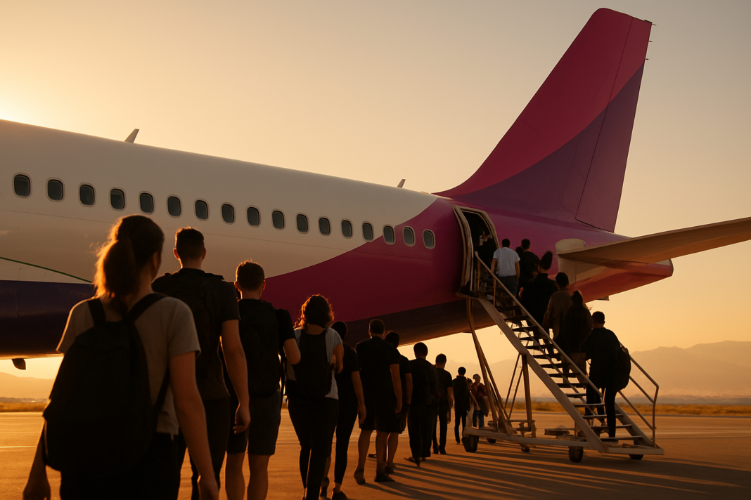 Wizz Air ruší linku Bratislava – Mykonos pre leto 2027 Cestujúci nastupujú po vonkajších schodoch do lietadla v purpurovo-fialovej farebnej schéme pri západe slnka, siluety proti protisvetlu, stredomorské letisko.