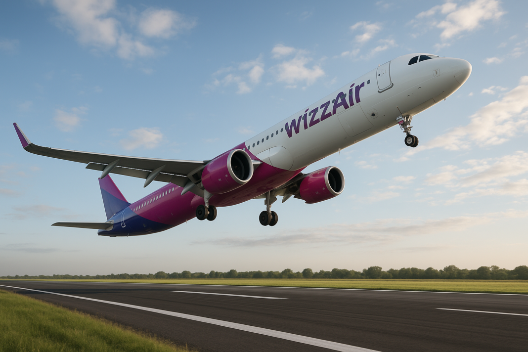 Wizz Air spúšťa z Bratislavy tri nové linky: Baku, Hurghada, Agadir Lietadlo Airbus A321neo v ružovo-fialovej livrei Wizz Air stúpa tesne po vzlete, žabia perspektíva od dráhy