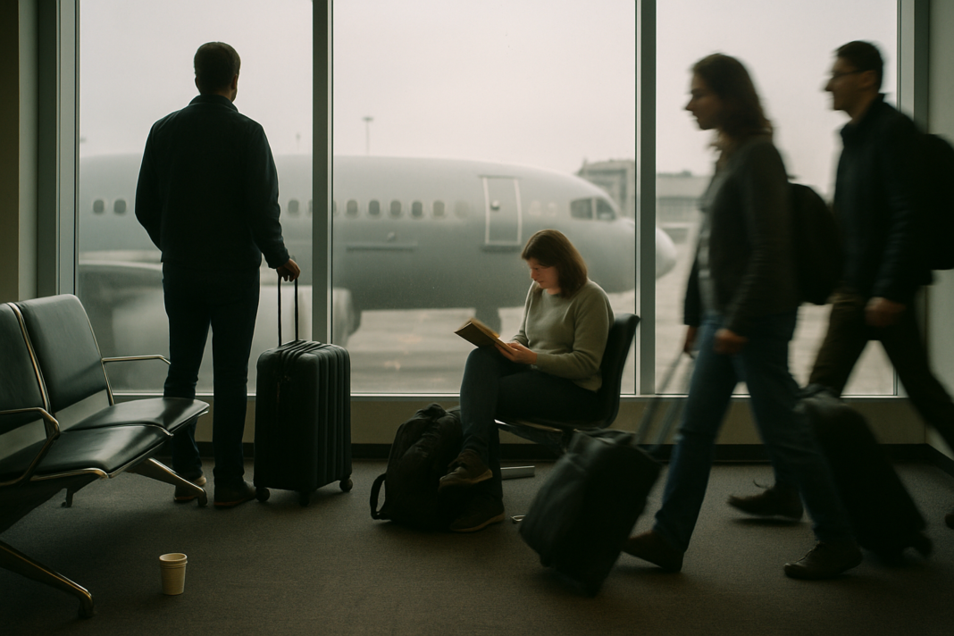 Chorý cestujúci kompenzáciu za meškanie ruší, chorý pilot nie Cestujúci s batožinou čakajú v odletovej hale pri okne terminálu, vonku stojí trup dopravného lietadla pod zamračenou oblohou
