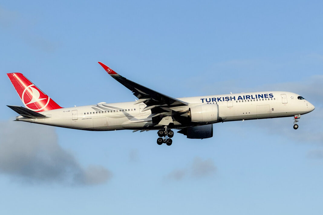Airbus A350-900 spoločnosti Turkish Airlines na finálnom priblížení pred pristátím, pohľad zdola na spodok trupu a vysunutý podvozok