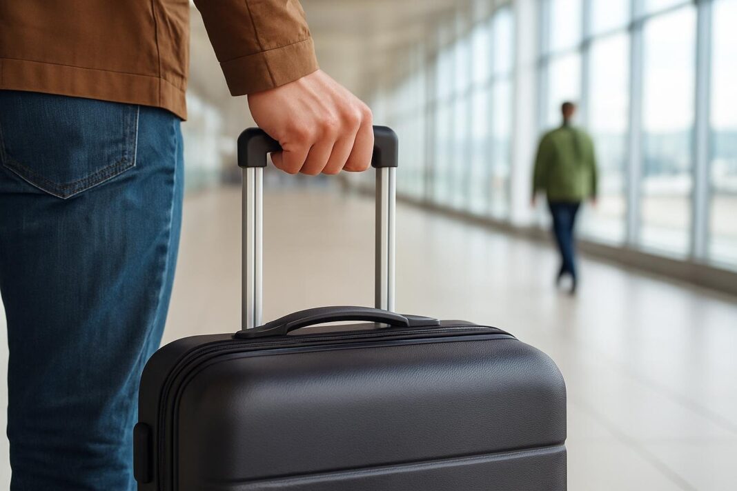Štrajk v Taliansku trvá 24 hodín, no šesť z nich sa letí Detail ruky cestujúceho na výsuvnej rúčke tmavého príručného kufra v presvetlenej chodbe letiskového terminálu, v rozostrenom pozadí presklená fasáda a kráčajúca postava.