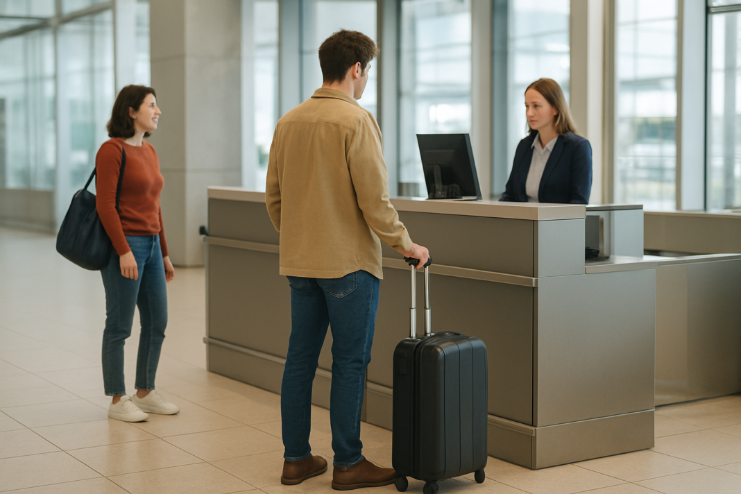 Poplatok 55 eur neobstál, lebo Ryanair zavrel bezplatné odbavenie Cestujúci s kufrom stojí pri odbavovacej priehradke na letisku, za pultom pracovníčka odbavenia, vedľa čaká ďalšia cestujúca.
