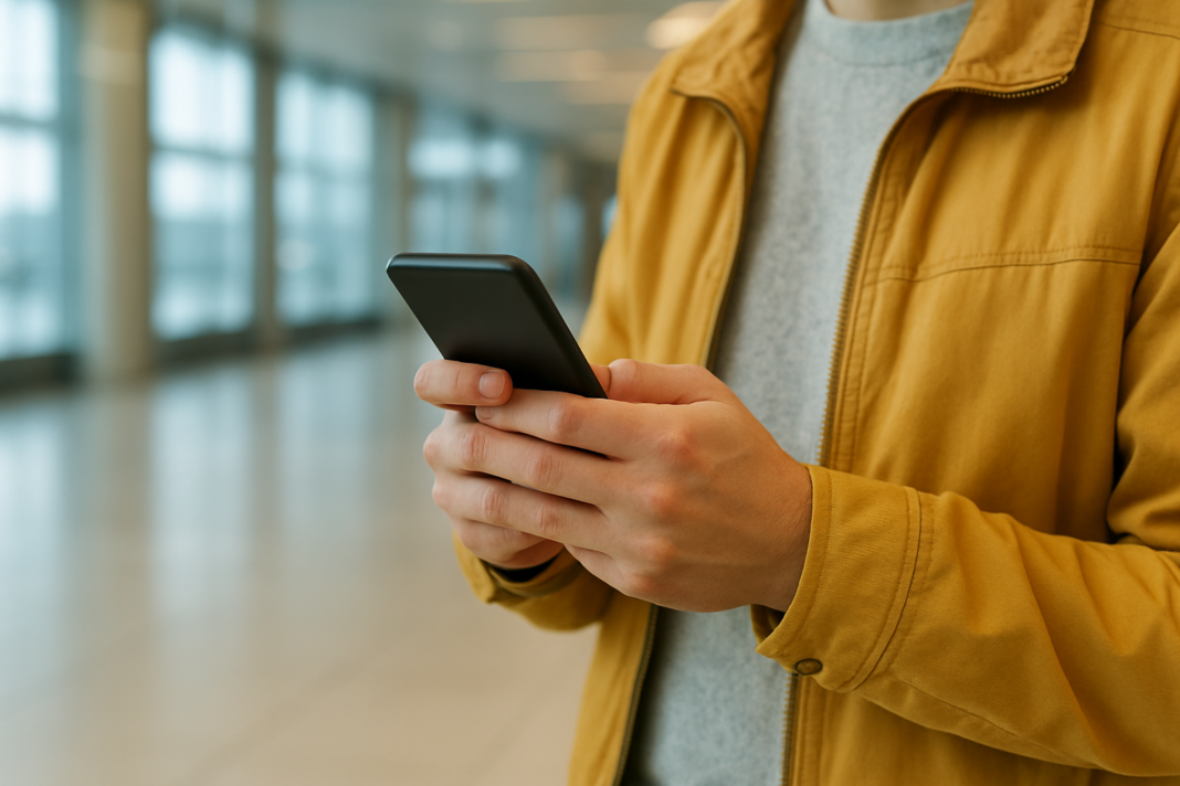 easyJet v ChatGPT už ukáže lety, letenku však nepredá Detail rúk muža v žltej bunde, ktorý drží smartfón v presvetlenej odletovej hale